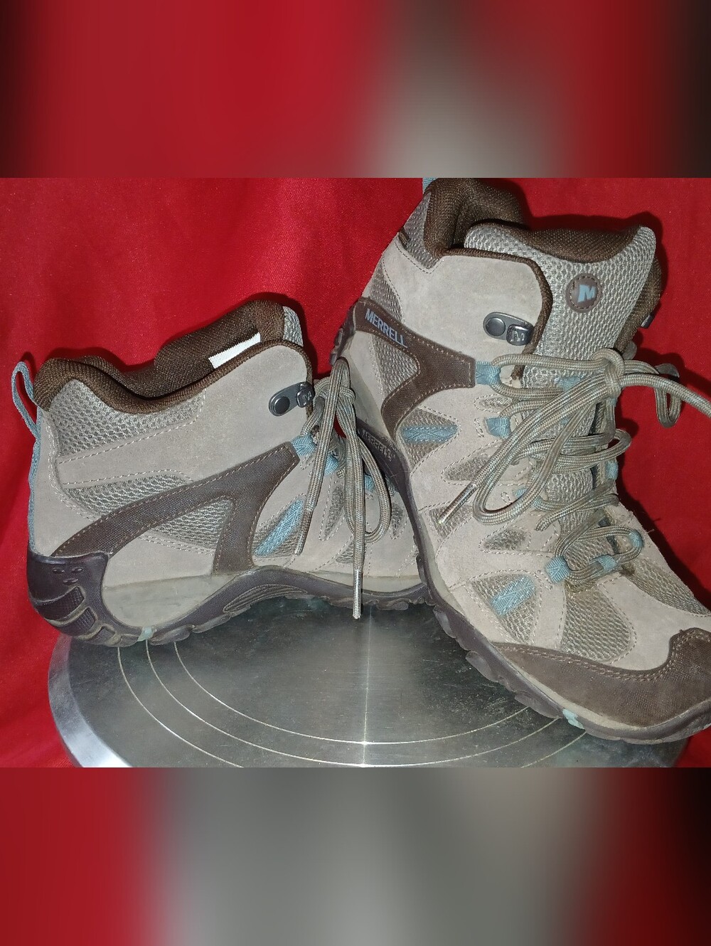 Merrell Women's Hiking Boots - Taupe Brown with Light Blue Accents, Size 7.5